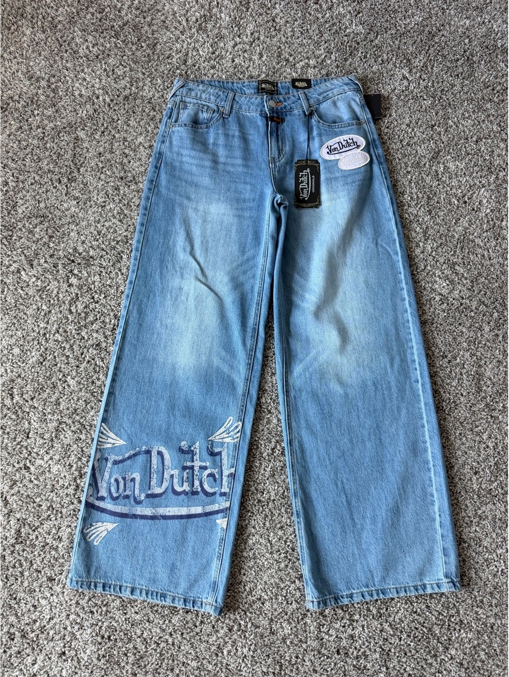 Von Dutch NWT Wide Leg Logo Patches/Logo Graphic Blue Jeans Women's Size 7